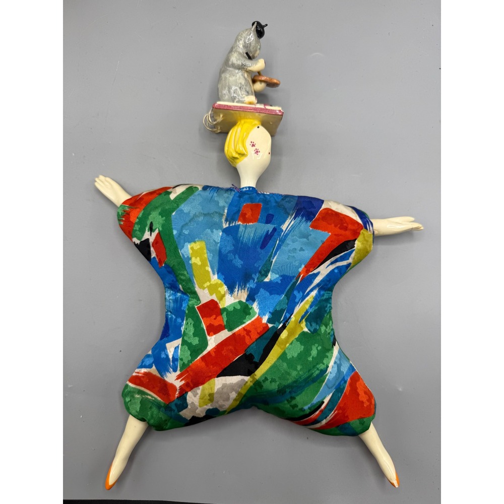 Vintage Art Doll Ceramic Cat Artist Painter Abstract Print Harlequin 12.5" - Picture 2 of 7